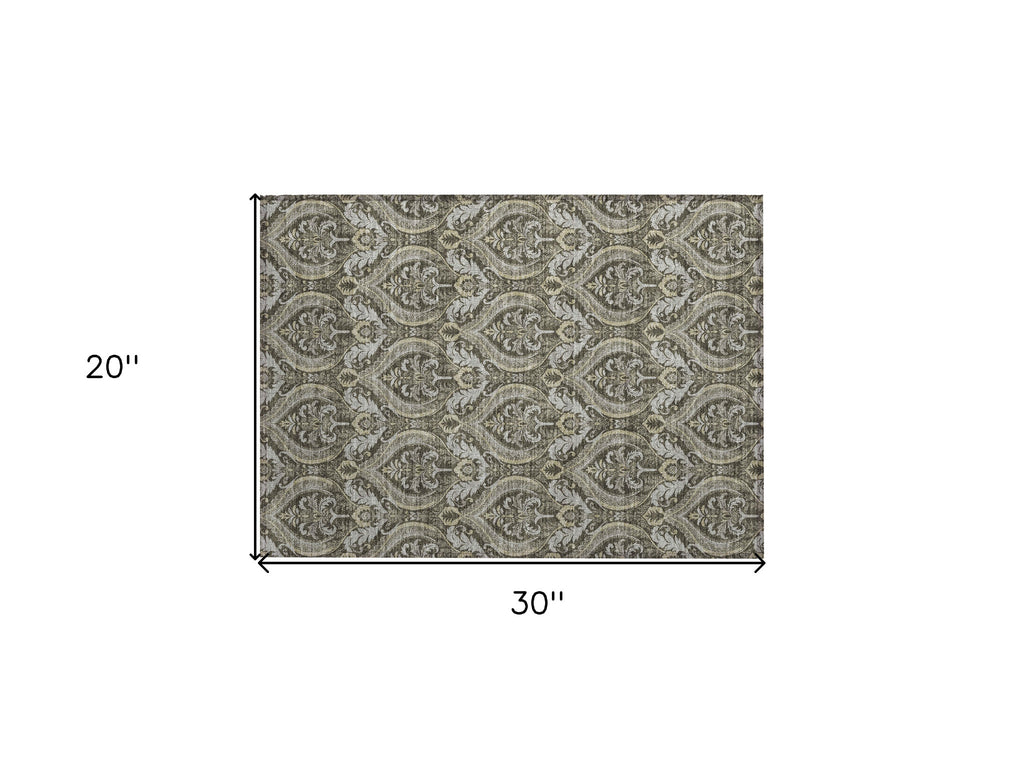 2' X 3' Taupe and Beige Damask Washable Non Skid Indoor Outdoor Area Rug-2