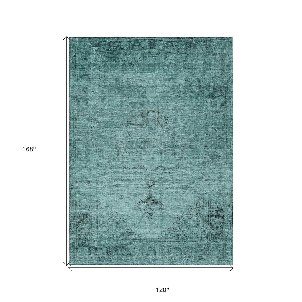 10' X 14' Teal Blue Turquoise And Charcoal Oriental Washable Indoor Outdoor Area Rug-2