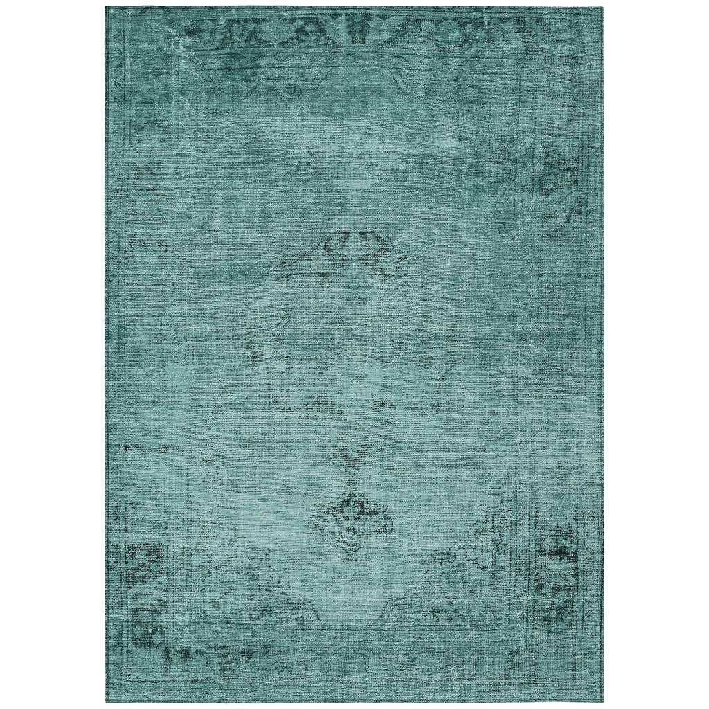 10' X 14' Teal Blue Turquoise And Charcoal Oriental Washable Indoor Outdoor Area Rug-1