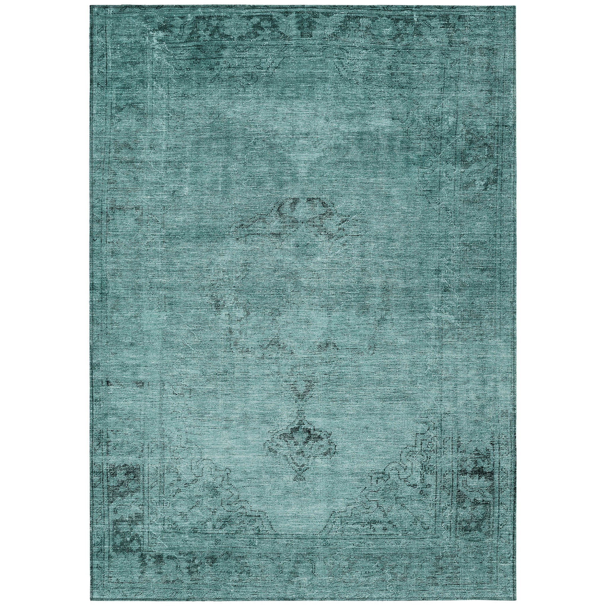10' X 14' Teal Blue Turquoise And Charcoal Oriental Washable Indoor Outdoor Area Rug-1