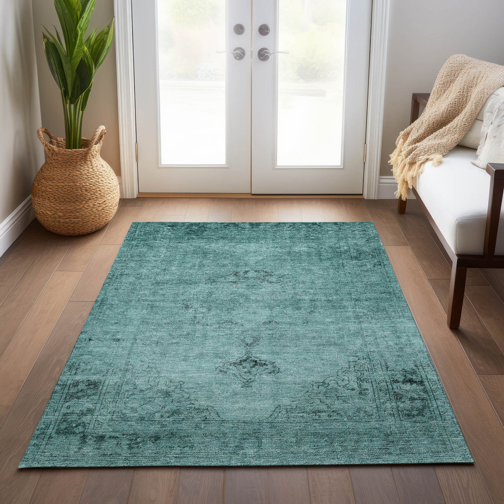 10' X 14' Teal Blue Turquoise And Charcoal Oriental Washable Indoor Outdoor Area Rug-7