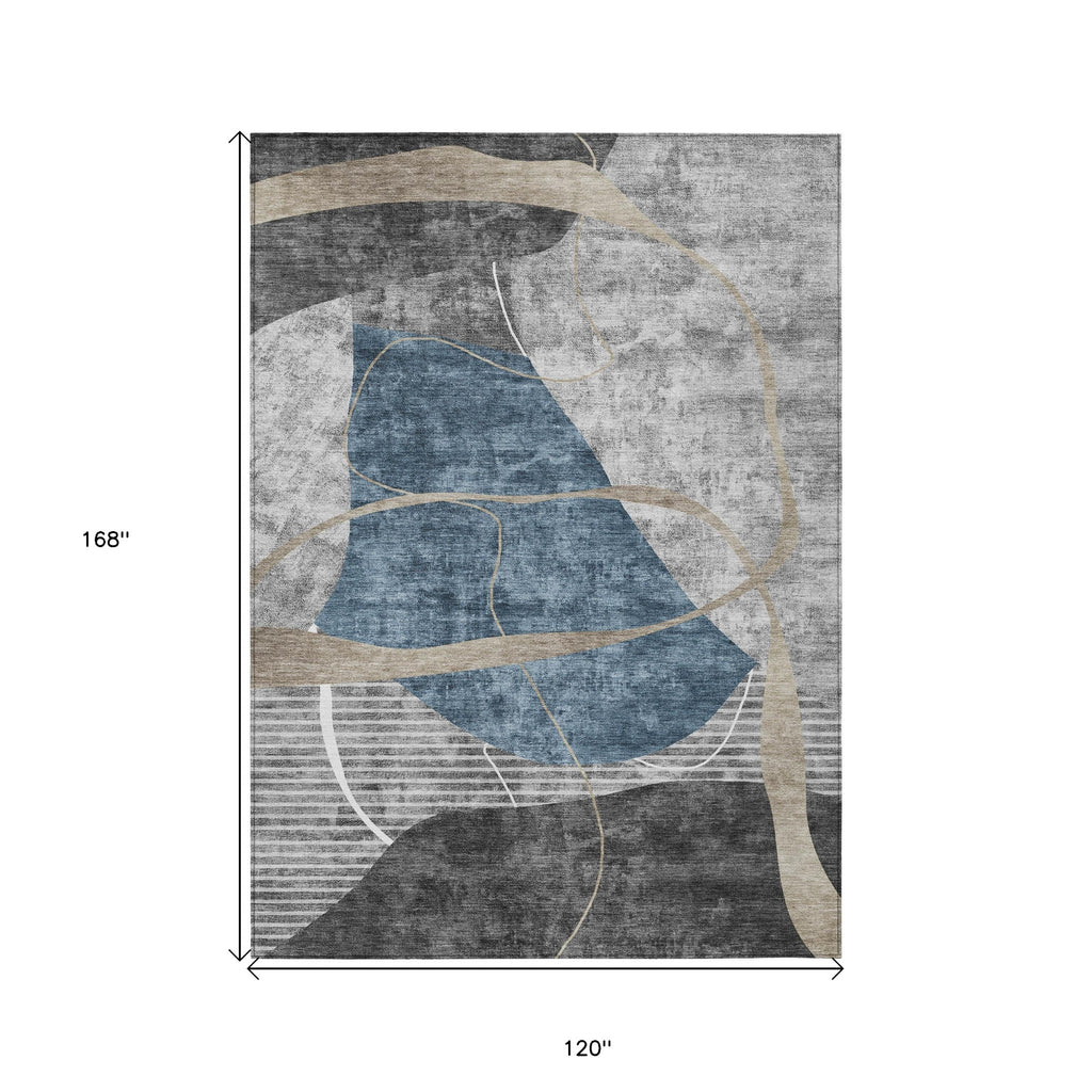 10' X 14' Blue Gray And Charcoal Abstract Washable Indoor Outdoor Area Rug-2