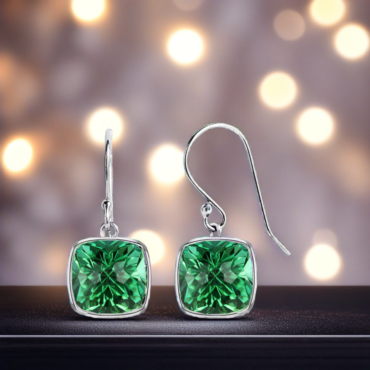 Luxurious 4.50CTW Lab Grown Cushion Cut Emerald Drop Earrings in 925 Sterling Silver - 8mm Square Gems-3